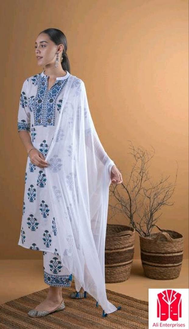 Stylish Rayon Printed Kurta With Palazzo With Dupatta Set